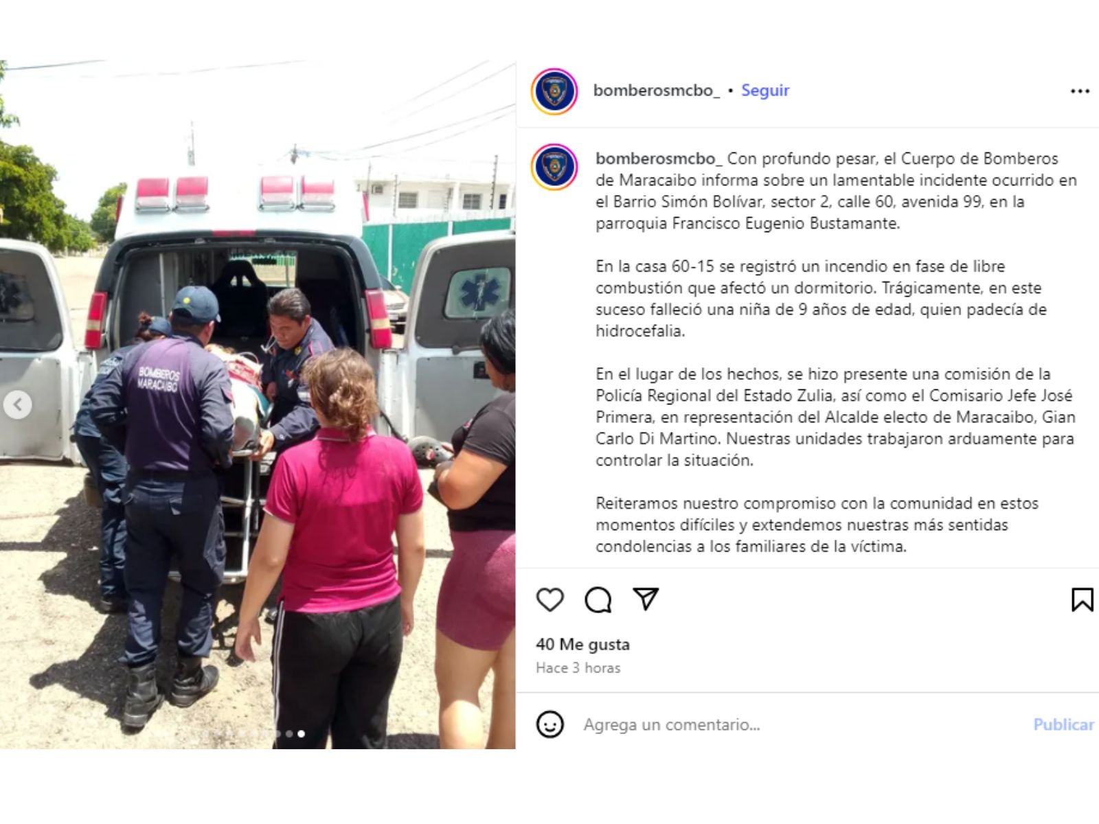Una niña de 9 años murió tras el incendio en su vivienda en Maracaibo 
